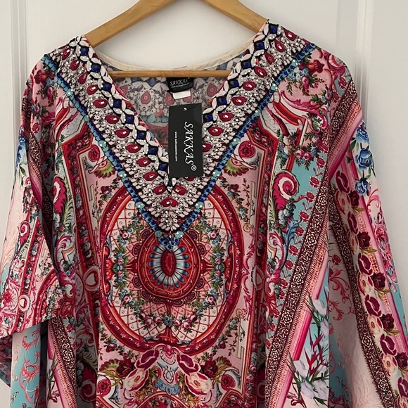 Sakkas Pink Flowy Rhinestone V Neck Long Caftan Dress/Coverup - Picture 2 of 7